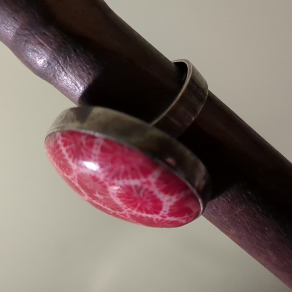 Coral And Silver Patterned Ring - image 1